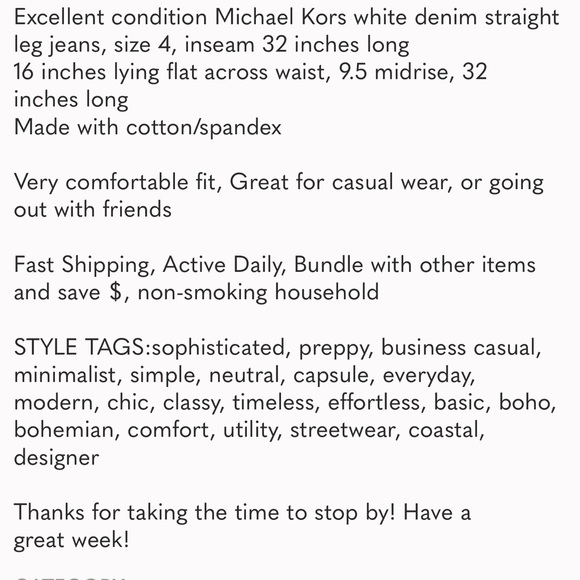 Michael Kors white denim jeans, size 4, inseam 32 inches long - Picture 7 of 7